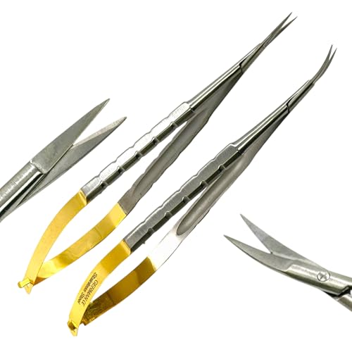 2 Pack - 6in Castroviejo Micro Scissors Delicate Straight and Curved with Spring-Action Gold Handle, German Stainless Steel