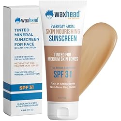 واقي شمس ملون من Waxhead للوجه بعامل حماية من الشمس SPF 31، تركيبة معدنية تحتوي على 25% من أكسيد الزنك غير النانوي، كريم BB شفاف غير معطر وغير كوميدوغينيك، مرطب وبرايمر للمكياج (لون متوسط 4 أونصة)