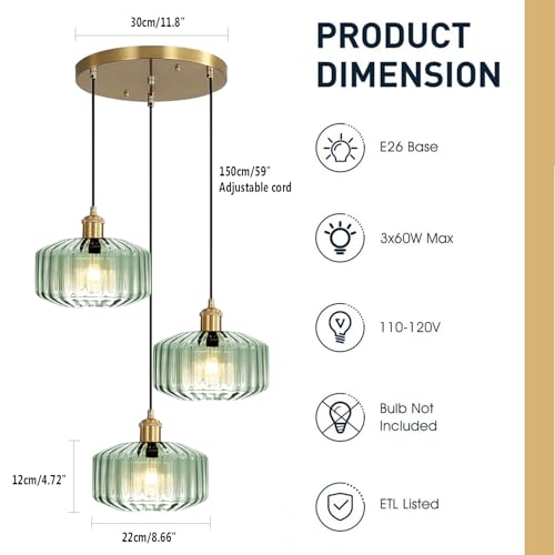 Image of Vintage Farmhouse Mint Green Ribbed Glass Pendant Light, Gold 3-Light Hanging Lamp for Kitchen Island Dining Room Breakfast Nook Pantry