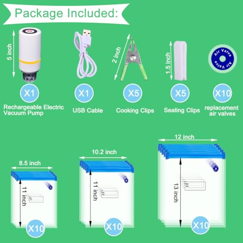 42 PCS Sous Vide Vacuum Sealer Set - 30 Reusable Bags, 5 Clips and Sealing Clips for Anova, Joule Cookers