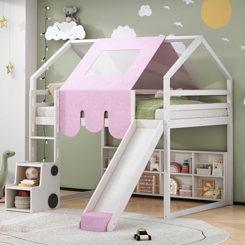 Virubi Full House Loft Bed with Slide and Tent, Wood Princess Castle Bed with Storage Stairs (White & Pink,Full)