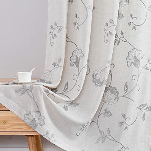 Lazzzy Semi Sheer Beige Curtains Grey Floral Embroidered Curtains Linen Textured Sheer Privacy Curtains Farmhouse Cottagecore Grommet Window Drapes For Living Room Bedroom 63 Inch Long 2 Panels #TOP5
