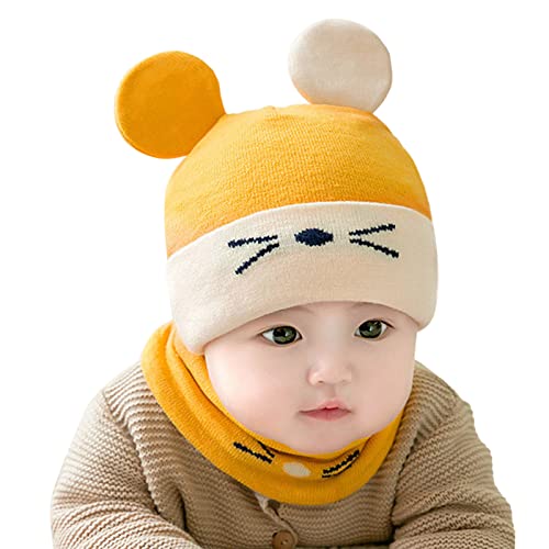 Newborn Infant Baby Kids Boy Girl Bear Ears Hat Winter Warm Knit Bobble Beaniess Cartoon Cap Scarf Baby Boy Summer Hat Yellow #TOP22