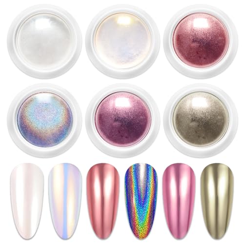 BISHENGYF 6 scatole di polvere per unghie cromate, oro rosa, champagne, argento, rosa, arcobaleno, effetto specchio, olografico, aurora, iridescente, perlescenti, per manicure e nail art