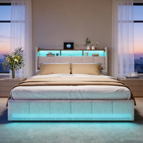 BRILVERDE Polsterbett 180x200 mit Stauraum, Doppelbett mit LED und USB, Jugendbett mit 4 Schubladen, Bettgestell mit Kopfteil und Lattenrost, Leinen (Beige, 180 x 200 cm)