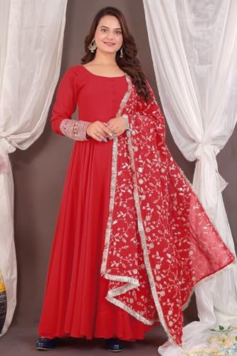 Image of ROYALICA Women's Georgette Gown Set with Solid Pattern Floor Length Round Neck Fit & Flare Full Sleeves Gown Pant and Embroidery Work Dupatta | Anarkali Gown Set for Women