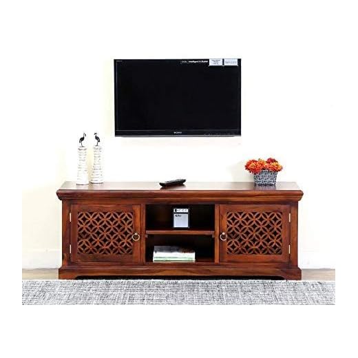 LEGEND HOME FURNITURE Sheesham Wood TV Stand with 2 Door & Shelf Storage for Living Room Home Entertainment Unit Center Console TV Table Wooden Tv Cabinet (Natural Brown Finish)