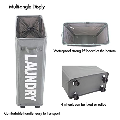 Mziart 22" Rolling Laundry Baskets On Wheels, Collapsible Slim Laundry Hamper Canvas Flexible Laundry Bag Storage Bin Organizer Dirty Clothes Sorter For Laundry Room Organization And Storage (Grey) #TOP1