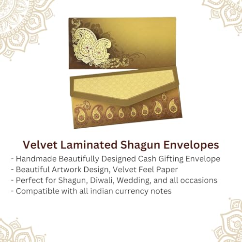 Image of Pack of 20, Golden Paisley Design Fancy Shagun Envelopes for Gifting Money Rectangle Shape Velvet Finish Paper Designer Sagan Lifafa Wedding Cash, 19 X 9 cm, Mustard Yellow Color