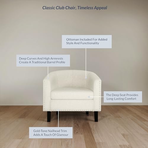 Image of BELLEZE Accent Barrel Chairs Set of 2, Modern Tub Club Chairs Upholstered Armchairs for Living Room, Accent Chairs with Silver Nail Head Trim Black Legs - Kyara (White /Polyester)