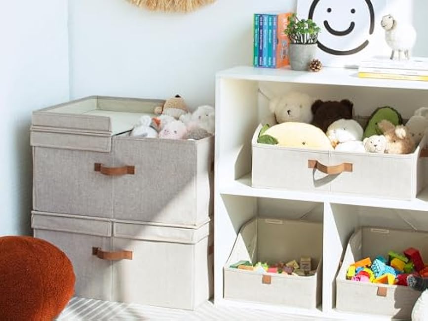 StorageWorks Extra Large Storage Bins with Lids, 55L Decorative Organizer with Divider Board, Fabric Boxes with Handles, Mixing of Brown & Beige, 2-Pack