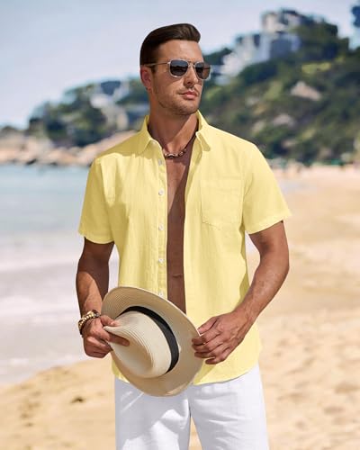 Image of J.VER Mens Linen Shirt Short Sleeve Button Down Casual Summer Shirts | Cotton Linen, Untucked, Big Tall, from Beach Camp Vacation, Cruise Fishing, Work Office, to Wedding Party Family, with Pocket