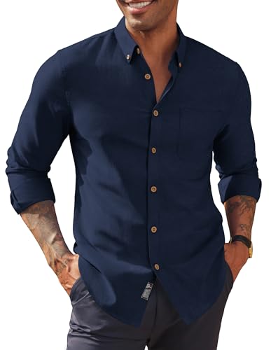 PJ PAUL JONES Mens Shirts Long Sleeve Button Down with Pocket Cotton Shirts Dark Blue XL