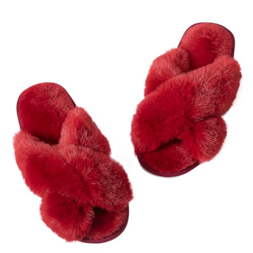 Image of Enteer Women's Slipper Memory Foam Cross Band Fuzzy Slippers Open Toe Cozy House Slippers Cozy Plush Bedroom Indoor Outdoor