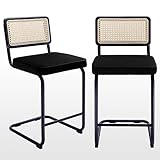 Zesthouse Modern Counter Height Stools, 24'' Natural Rattan Barstools Set of 2, Velvet Kitchen High Chairs with Backs, Mid Century Cantilevered Design Counter Chairs Island Stools, Black