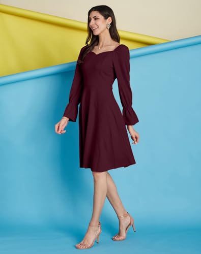 Image of SIRIL Women's Full Sleeve Polyester Solid Fit & Flare Dress, One Piece Dress for Women