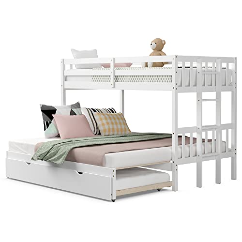 Komfott Wood Twin Over Full Bunk Bed With Trundle, Extendable Twin/Full Bunk Bed Frame With High Guardrail & Safety Ladder, Solid Wood Frame, Pull-Out Bunk Bed For Kid’s Room, Guest Room, Dormitory #TOP27