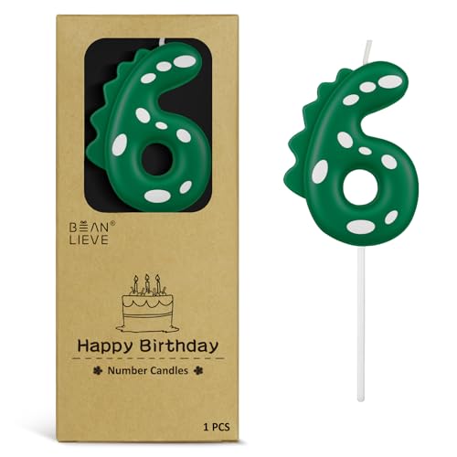 BEAN LIEVE Green Dinosaur Number 6 Birthday Candles - Dinosaur Theme Cake Candle for Kids Birthday Party, Baby Shower, Celebration Decorations - Adorable Design, Vibrant Green