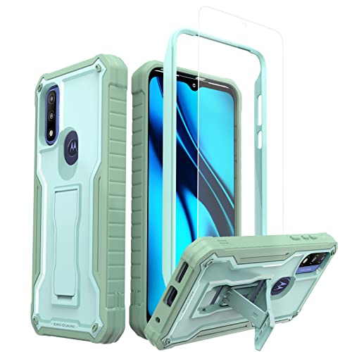 ExoGuard for Moto G Pure Case, Rubber Shockproof Full-Body Cover Case with Tempered Glass Screen Protector Built-in Kickstand (Green)