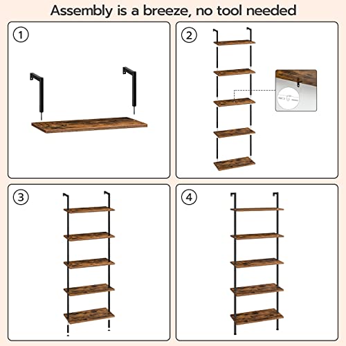 Hoobro Diy Ladder Shelf, 5-Tier Wall Mounted Bookshelf, Office Vertical Bookcase, Wooden Storage Shelves For Home Office, Bedroom, Rustic Brown And Black Bf53Cj01 #TOP6