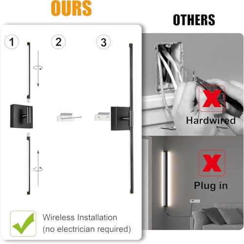 Image of SAIMAND Wall Sconces Set of 2 Battery Operated, Wireless USB 8000mAh Rechargeable Wall Lights with Remote Control,3000K-6000K LED Dimmable Decor Lamp for Living Room,Bedroom,Hallway (27in Black)