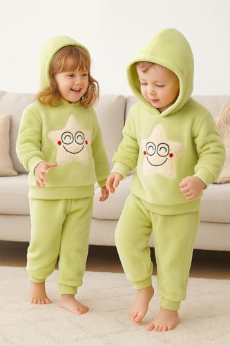 Image of Bold N Elegant Unisex Kids Fleece Printed Smiling Star Warm Fur Pullover Sweatshirt Hoodie Tshirt and Jogger Pant Winter Clothing Set Dress