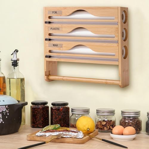 Dispenser 5 in 1 per fogli e pellicola trasparente con taglierina, organizer da parete in bambù per rotoli da 30,5 cm, soluzione di archiviazione da cucina per involucri