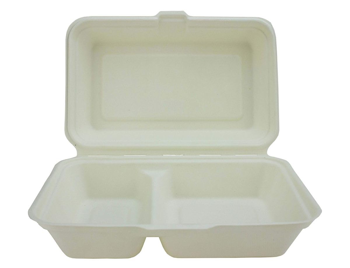 We Can Source It Ltd - 2 Compartment Bagasse Burger Boxes 240x155x75mm with Secure Hinged Lid – Strong Disposable Takeaway Food Containers – Ideal for Burgers, Meals, and Catering Use - Pack of 50