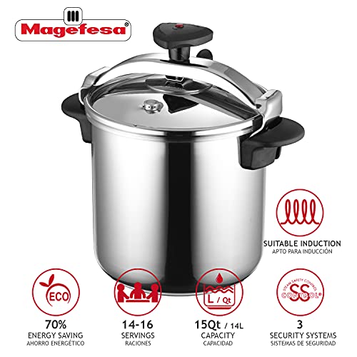 Magefesa Star Quick Easy To Use Pressure Cooker, 18/10 Stainless Steel, Suitable For Induction. Thermodiffusion Bottom, 3 Security Systems (14 Quart) #TOP1
