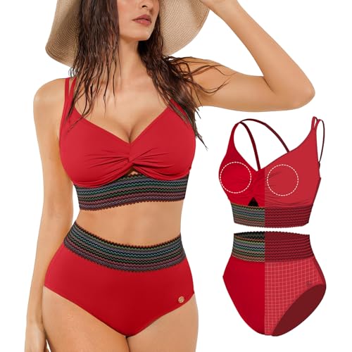 Popilush High Waisted Bikini Sets for Women Shapewear Tummy Control Two Piece Boho Bathing Suit 4 Way Wear Beach and Pool Size S Color Red