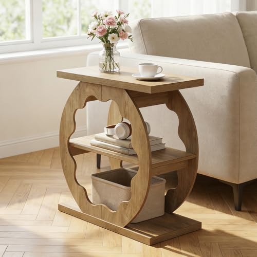 Image of Tribesigns End Table Set of 2, Narrow Side Table with Storage, 3-Tier Couch End Table Bedside Tables for Small Spaces, Bedroom, Natural Oak