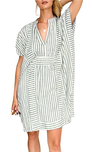 chouyatou Womens Summer Loose Stripe Beach Dress Cover Ups Casual Batwing Sleeve Midi Tunic Shirt Dress