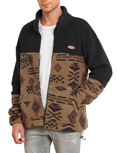 Image of ZAFUL Aztec Print Fleece Jacket - Unisex Full Zip Hoodie with Stand Collar, Pockets & Fluffy Texture