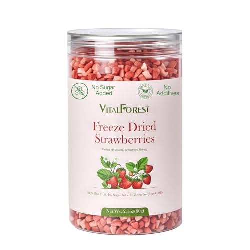 Freeze Dried Strawberries No Sugar Added â€“ VitalForest Whole Sliced Freeze-Dried Strawberry Fruit Snack, Non-GMO, Vegan, Gluten-Free, 2.1oz (60g)