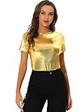 Allegra K Women's Party Metallic Textured Short Sleeve Shiny Multicolor Top Medium Shiny Gold