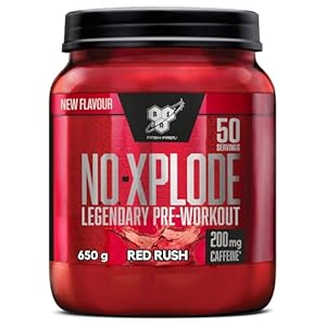 BSN Nutrition N.O.-Xplode Pre Workout Powder Food Supplement, Energy and Focus Booster with Caffeine, Amino Acids, Vitamin C and Zinc, Red Rush Flavour, 50 Servings, 650 g