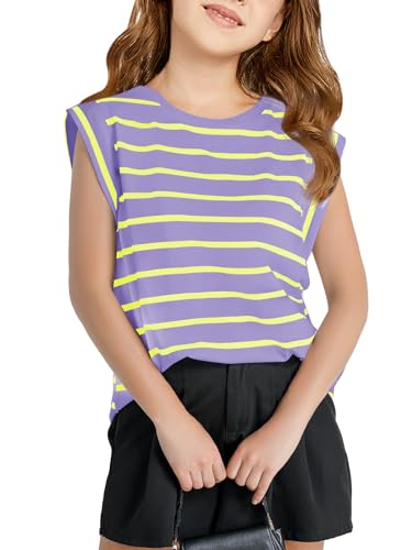 Image of Haloumoning Girls Cap Sleeve T Shirts Summer Striped Tank Tops Tees 4-14 Years