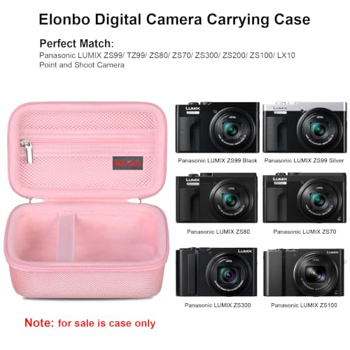 Image of Elonbo Camera Case for Panasonic LUMIX ZS99 / TZ99 / ZS80 / ZS70 / ZS300 / ZS200 / ZS100 / LX10 Point and Shoot Camera. Panasonic LUMIX Digital Camera Carrying Case. with Mesh Pocket fits Battery, Pink