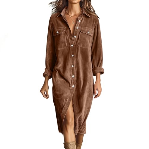 Dyhxuan Hemdkleid Damen Lang Cord Hemdblusenkleid Langarm Cordkleid Button Down Winterkleid Casual Blusenkleid Herbst Winter Maxikleid