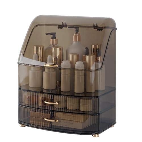 Image of Makeup Organizer Countertop Vanity with Transparent Lid Drawers Waterproof Dustproof Cosmetic Skincare Bathroom Storage Gift for Women Teens Girls (Clear Black)