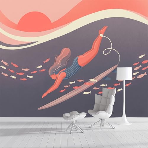 Papel Pintado Ilustración Plana Pared 3D Papel Tapiz - Banco De Peces Surfistas Murales Tapiz Fotomural para Sala Cuarto Oficina Salón Tv Fondo Pared Dormitorio Decoración, Rosa Azul