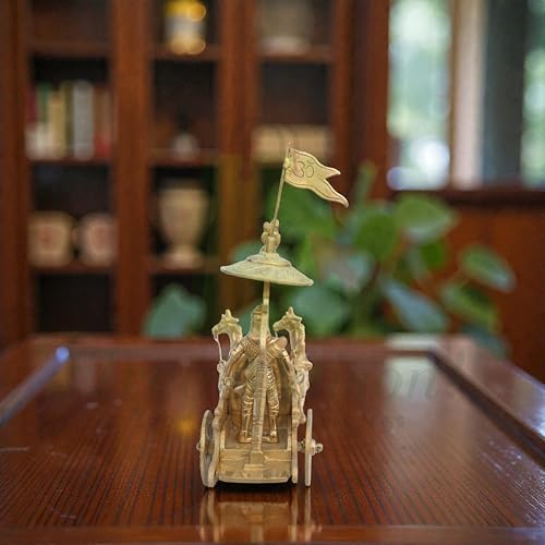 Image of Arjuna Rath Geeta Mahabharat Chariot with Krishna Ji & Hanuman Ji Brass Statue |18CM Approx | Vastu Remedy |Vastu Pital Showpiece |Decorative Arjuna Rath with Two Horses