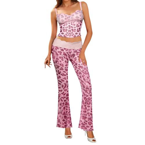 QJDFLL 2 teilige Outfits für Damen, passende Sets mit bauchfreiem Oberteil und Hose aus Spitze Leopardenmuster(Rosa,M)