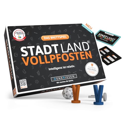 DENKRIESEN - Stadt Land Vollpfosten® Das Brettspiel | Grundspiel inkl. Junior Erweiterung | Ab 8 Jahren | 4-12 Spieler | Partyspiel | Blitzwürfeln & Langen Spielrunden | Familienspiel