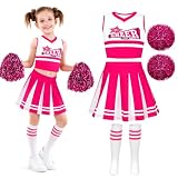 FainFun Ddisfraz Animadora Niña, Disfraces de Carnaval para Niñas con Pompon, Falda y Calcetines, Traje de Animadora Infantil, Ideal para Fiestas, Competencias y Días Deportivos (Rosa, 140)