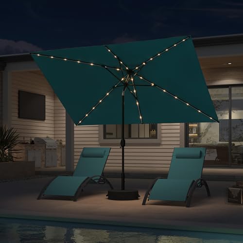 PURPLE LEAF 6.5' x 10' Rectangular Patio Umbrella with Solar LED Outdoor Table Umbrella Aluminum Frame Market Umbrella Sun Umbrella for Garden Deck Lawn Pool Turquoise Blue