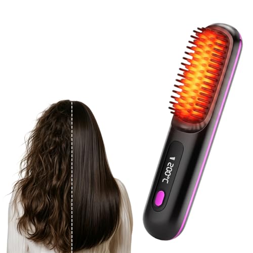 Image of Go Brush Pro UK, Cordless Hair Straightener Brush, Portable Straightener Brush with Ionic Technology, USB Rechargeable for Travel, 3 Heat Settings & LED Screen, MCH Ceramic Heating for Smooth