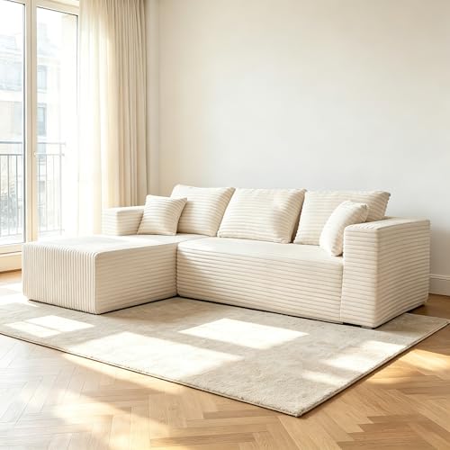 93" Modular Cloud Couch, Convertible L-Shaped Sectional Sofa with Chaise & Deep Seat, Corduroy Boneless Couches for Living Room Apartment, No Assembly - Beige (Left Facing Chaise)