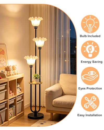 Image of Flower Floor Lamp for Living Room, Mid Century Modern Floor Lamp Dimmable with Shelf & LED Bulbs, 3 Light Black Vintage Floral Standing Tall Lamp for Bedroom Sofa Beside Corner Decor