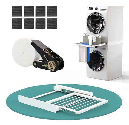 Universal Washing Machine Dryer Connection Steel Intermediate Frame Tumble Washing Machine Adjustable 47-60 cm Intermediate Part Washing Machine with Straps and Non-Slip Pads Load Capacity and Stable